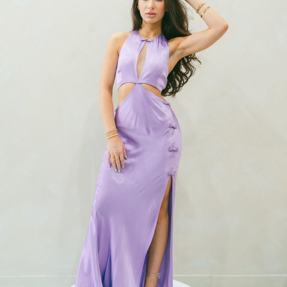 Sau Lee Salome Gown In Purple Satin High Slit Bow Halter Dress Size 4 - Picture 6 of 10
